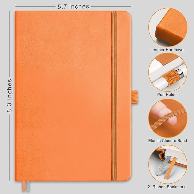 RETTACY Lined Journal Notebook, 192 Numbered Pages, A5 Medium Size (5.7'' x 8.3''), for Men & Women, Journaling, Writing, Work & Office, Leather Hardcover, 100 GSM Thick Paper (Orange)