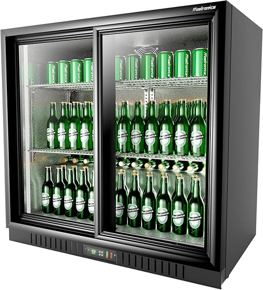 36 Inch 228 Cans Double Door Back Bar Beverage Cooler, 6.5 cu. ft. Under Counter Glass Bar Fridge With Sliding Door, Lockable, 32-50F Display Refrigerator, ETL & NSF7 Certified