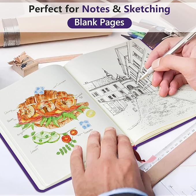 PERCUN Blank Journal Ntebook for Men & Women, 160 Pages Blank Journals for Writing, Drawing,Sketch Book,5.9" x 8.5" Leather Sketchbook, Unlined Notebook for Work, School, Art - Purple