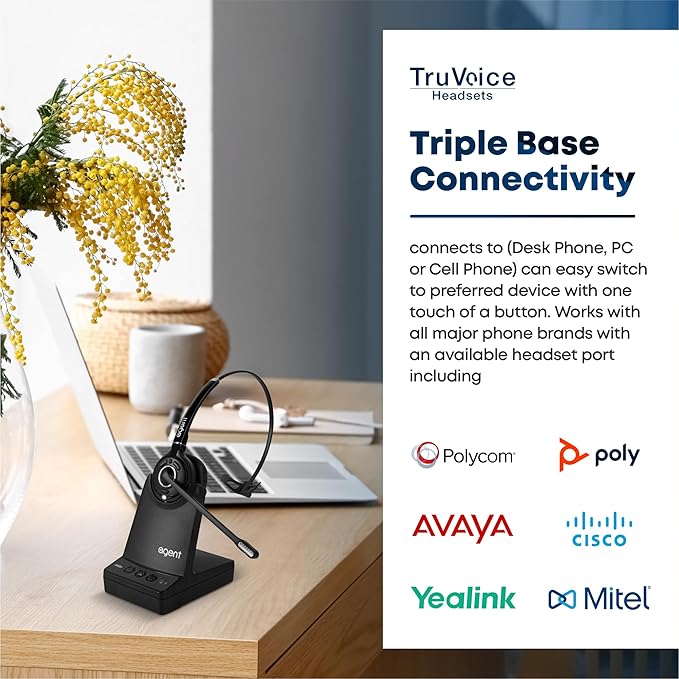 TruVoice Agent AW70 DECT 3-in1 Wireless NC Headset with EHS for Remote Answer - Compatible with Cisco IP Phones : 8851 8861 8865 8961 9951 9971 DX650 DX70 and Computer + Cell Phones