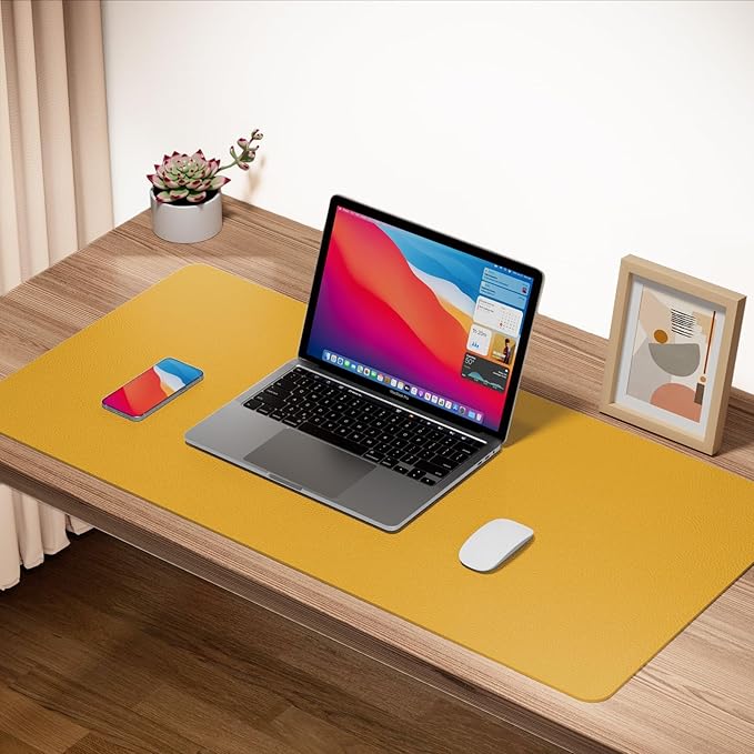 ‎Boutilon Leather Desk Pad 30" x14",Non-Slip Mouse Pad,Office Desk Mat,Waterprooft PU Leather Desk Blotter,Desk Pad Protector,Desk Writing Pad for Home Office Decor (M-Yellow)