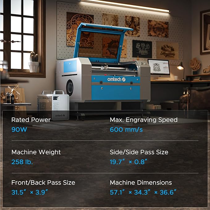 OMTech 90W CO2 Laser Engraver, 20x28 Inch Laser Engraving Machine with Autofocus Autolift 4 Way Pass Air Assist Water Pump, Commercial Laser Cutter Cutting Etching Machine for Wood Glass Acrylic More