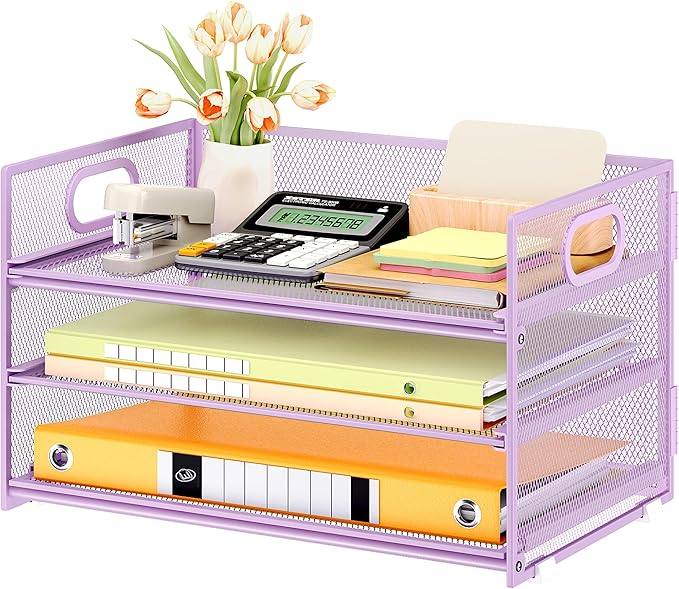 Subekyu 3 Tier Letter Tray Paper Organizer with Handle and 1 PC Sliding Tray, Purple Metal Mesh Desk File Folder Paper Sorter Organizer for Home Office School Desk Supplies Organization Storage