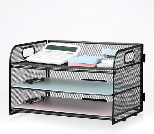 3-Tier Letter Tray Paper Organizer with Handle, Compact Mesh Desk File Organizer for Home Office Supplies Desktop Accessories,Black