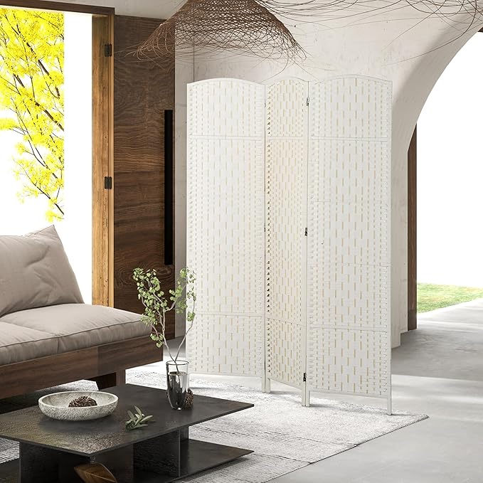 HOMCOM Room Divider, 3 Panel Folding Privacy Screen, 6FT Tall Portable Wicker Weave Partition Wall Divider for Bedroom, Home Office, White