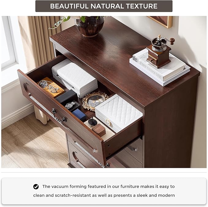 LIDYUK 5 Drawer Dresser for Bedroom Farmhouse Cherry Wood Chest of Drawers for Bedroom Dresser, Rustic 46" Tall Wide Drawers Dressers Wooden Closet Storage Cabinet, Hallway, Living Room