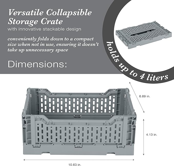 Simplify 4LT Collapsible Storage Crate | Small | Foldable | Stackable | Plastic Bin | Home Organization | Dorm | Office | Crafts | Shelf | Grey