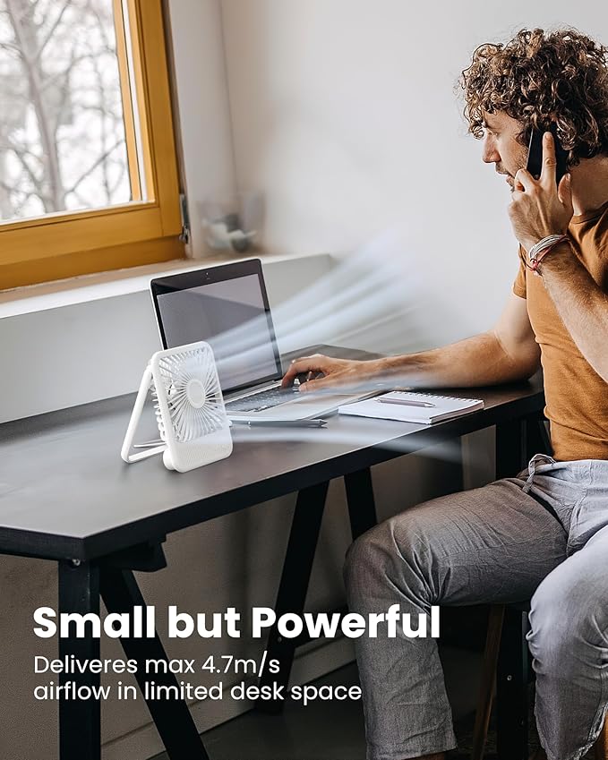 Koonie USB Desk Fan, Strong Wind Ultra Quiet Small Personal Fan with 180° Tilt Folding and 3 Speeds Adjustable, USB-C Corded Powered Mini USB Fan for Office Desktop Bedroom White