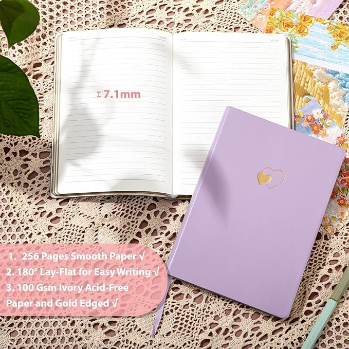 CAGIE Lined Journal Notebook for Women and Girls 256 Pages Cute Diary with Heart-Shaped Leather Journals for Writing A5 Soft Cover Notebooks for Work School (Purple2, A5)