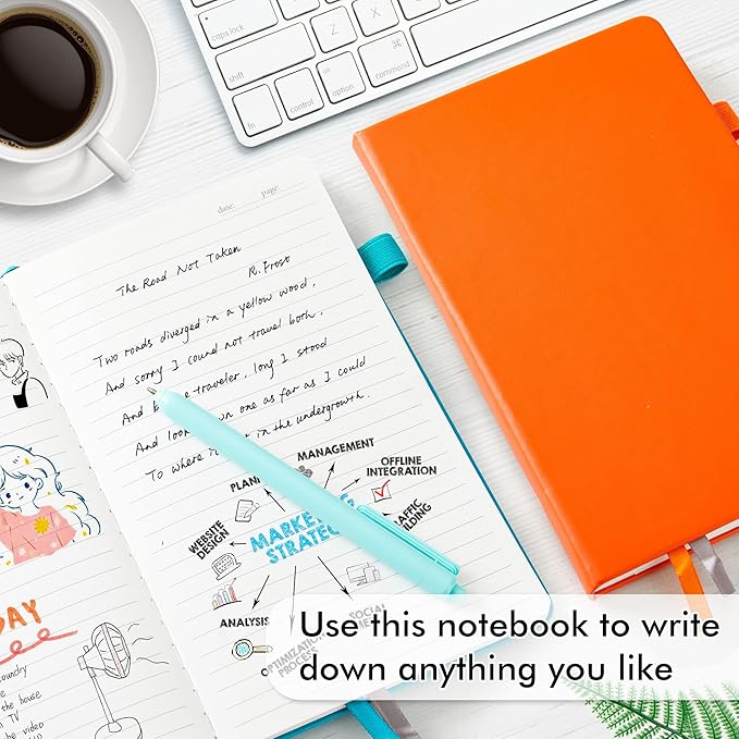 feela Hardcover Notebook For Work, Classic Ruled Lined Journal Set School Business Supplies, with 3 Black Pens, 120 GSM, 5.1”x8.3”, 3 Pack, A5, Solid Colors, Yellow, Orange, Emerald