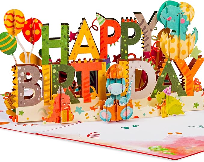 Paper Love Happy Birthday Pop Up Card, Dinosaurs, For Adults and Kids - 5"x7" Cover - Includes Envelope and Note Tag