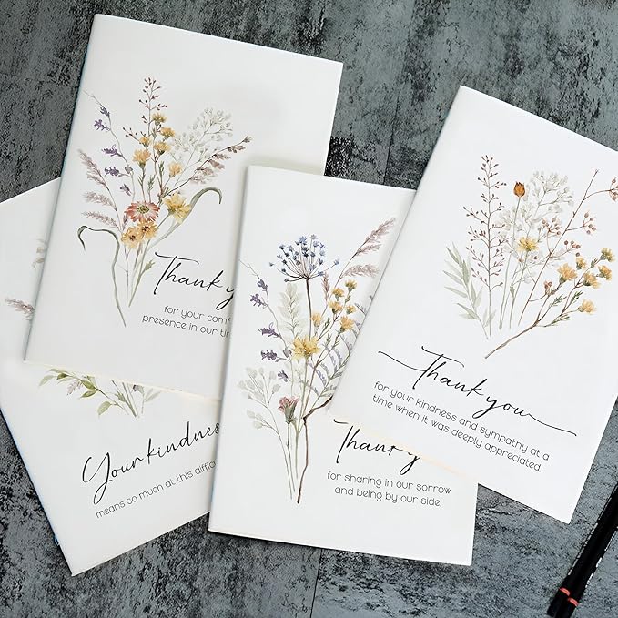 50 Pcs Funeral Thank You Cards with Envelopes Message Inside and Matching Stickers - Bulk 4×6 Watercolor Boho Wildflower Bereavement Thank You Cards for Funeral - Sympathy Thank You with Message Card