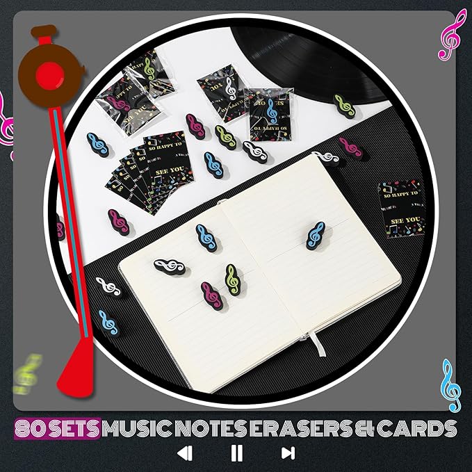 80 Sets Back to School Gifts for Students Funny Novelty Erasers Bulk Musical Note Erasers with Greeting Cards First of School Classroom Rewards from Teachers