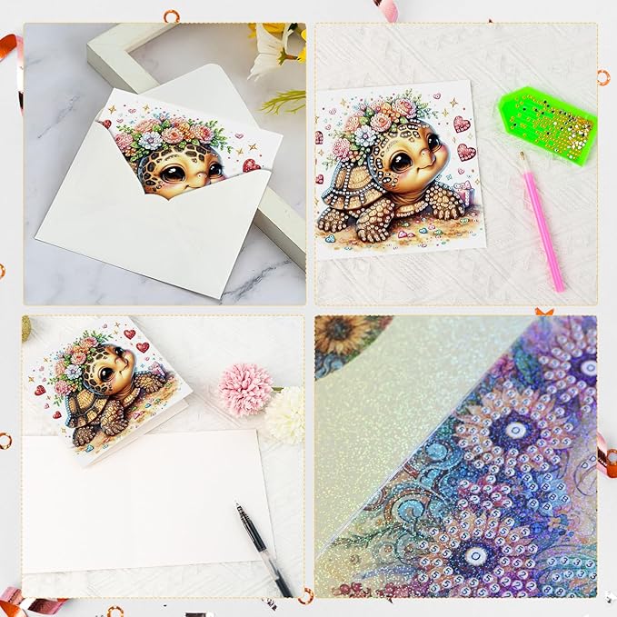 6 pcs Diamond Art Painting Greeting Card Kits, Animal Cute Turtle Design Irregular Shapes Diamond Art Fine Glitter Greeting Cards with Envelopes, Clay Glue, Pen, and Bead Bag for Creative Gifts