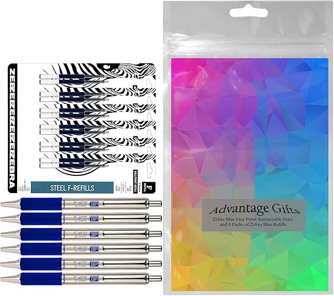 Zebra F-402 Ballpoint Stainless Steel Retractable Pens With Refills, Fine Point, 0.7mm, Blue Ink, 12-Count Bundle with Plastic Reusable Pouch