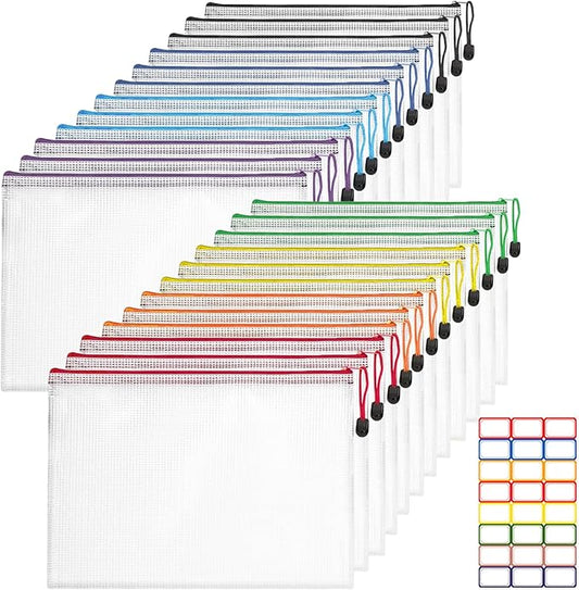 24 Pcs Mesh Zipper Pouch Bags, A4 Zipper Bags for Organizing Storage, Waterproof Zipper Pouches, File Bags for Cosmetics Travel Storage and Office Supplies