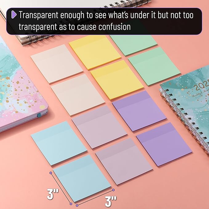 Mr. Pen- Transparent Sticky Notes, 3”x3”, Morandi Colors, 12 Pads, 600 Sheets, See Through Sticky Notes, Bulk Sticky Notes Transparent, Translucent Sticky Notes, Clear Transparent Sticky Notes Clear