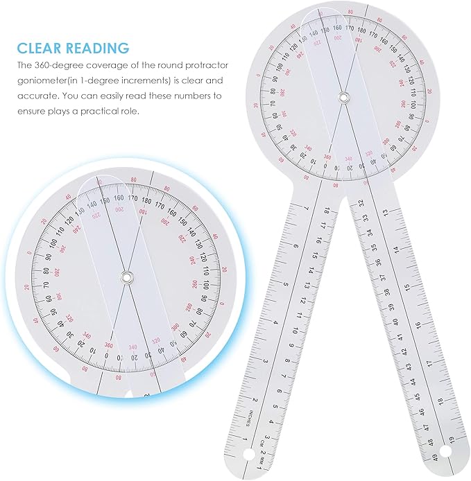 Goniometer Set 3 Pieces of 6/8/12 Inch Occupational Physical Therapy Protractor Tool Measurement Angle Ruler Kit Plastic 360 Degree Universal (3pc)