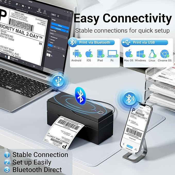 Bluetooth Thermal Shipping Label Printer – Wireless 4x6 Shipping Label Printer for Small Business & Shipping Packages, Support Android, iPhone and Windows, Widely Used for Amazon, Ebay, Shopify, Etsy
