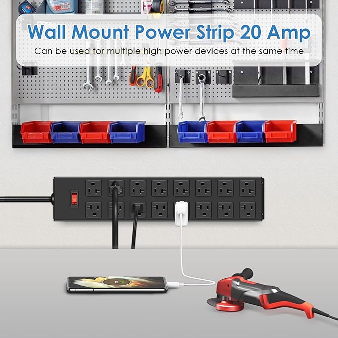 JUNNUJ Heavy Duty 20 Amp Power Strip with Surge Protection 3000J, Garage 16 Outlets Metal 12 Gauge, Desk Strips Wide Spaced, High Amp 5-15P Adapter Shop 6-20R T-Slot Industrial Outlets (16AC, 6FT)