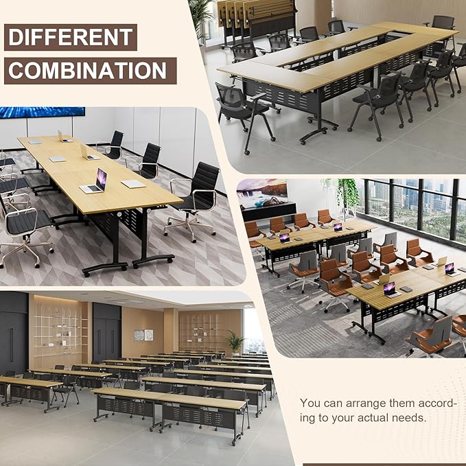 Folding Conference Room Table, Modern Conference Tables with Wheels, Large Rectangular Mobile Training Tables for Office Classroom, Foldable Modular Boardroom Seminar Table Maple (8pack L63in)