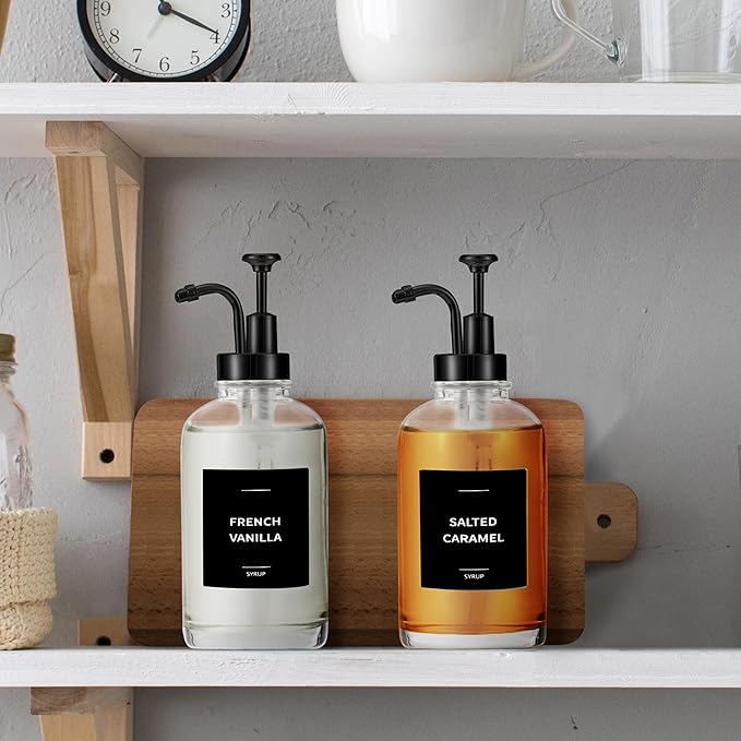 Coffee Syrup Labels for Bottles, Syrup Dispensers - 2.5" x 2.5" Waterproof & Durable PVC Stickers - Modern Coffee Bar Essentials for Home, Kitchen, Beverage Station - Minimalist Black, 22pcs