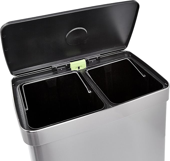 Amazon Basics Dual Compartment Recycling Trash Can with Soft-Close Lid and Removable Liner Buckets, 60 Liters, Rectangular, Grey, Silver
