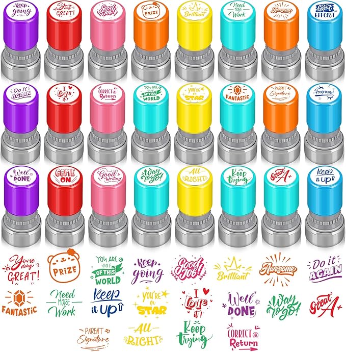 Yinder 24 Pcs Teacher Stamps for Classroom Self Inking Classroom Stamps Bulk for Teachers Elementary Colorful Motivational Encouraging Gifts(Modern)