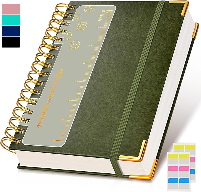 Spiral Notebook Journal 5.75” x 8.38”, 300 Pages Hardcover Leather Lined Journals for Women Men, A5 Small College Ruled Notebooks with 100 GSM Thick Paper, Spiral Journal for Writing Work, Olive Green
