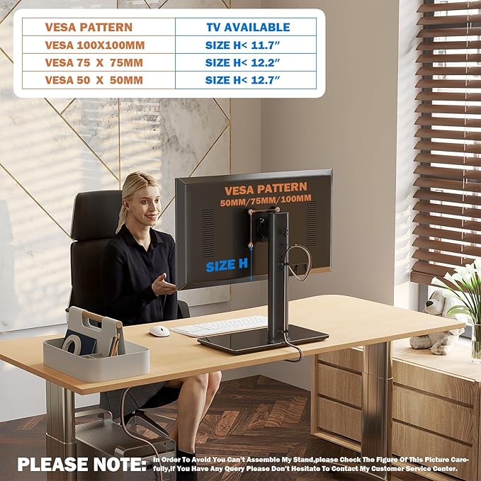 Single LCD Computer Monitor Free-Standing Desk Stand Mount Riser for 13 inch to 32 inch screen with Swivel, Height Adjustable, Rotation, Vesa Base Stand Holds One (1) Screen up to 77Lbs(HT05B-001))
