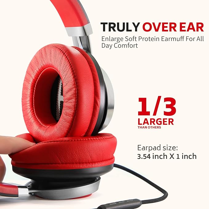 Over Ear Headphones Wired, AC01 Corded Stereo Headsets with Microphone Volume Control for Adults Teens Kids 3.5mm Jack for Chromebooks, Laptop, Computer, Tablets, Travel (Black Red)