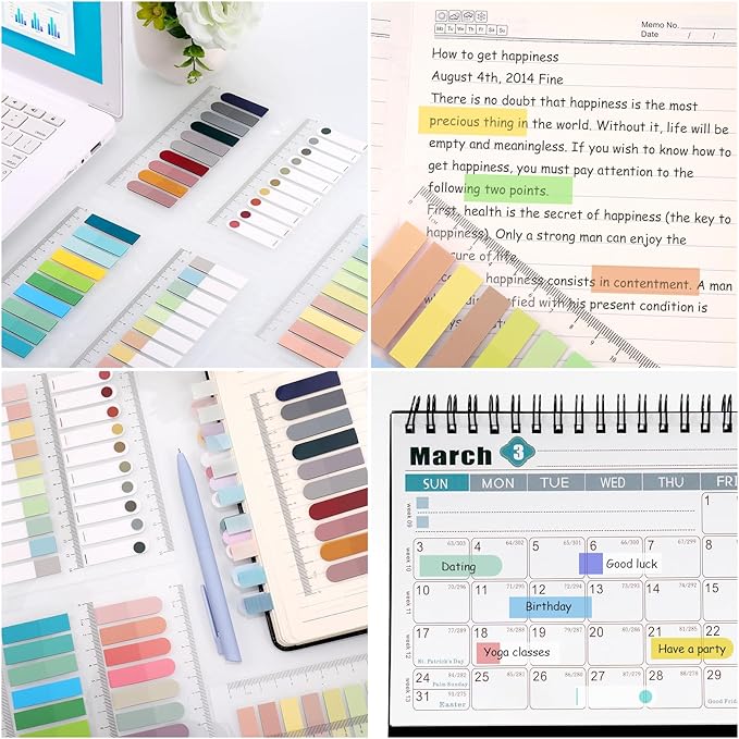 3000Pcs Sticky Tabs with Ruler, 15 Pack Index Tabs, Post It Sticky Notes, Repositionable Book Flags Strip Index Tabs Clear Page Markers for Office School Reading Highlights Classifying