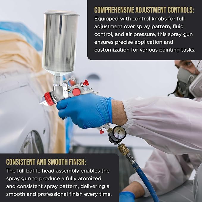 TCP Global Professional HVLP Spray Gun 1.4mm - Gravity Feed Auto Paint Gun Kit for Basecoat, Clearcoat, Primer - Spray Guns Paint Sprayer with Air Compressor Regulator (G6600-13)