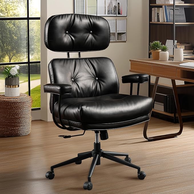 Mid Century Modren Big and Tall Office Chair,Large Ergonomic Executive Chair for Heavy Duty People, Computer Desk Task Chair with Wheels, Faux Lether Fabric Wide Chair for Home Sturdy,Black