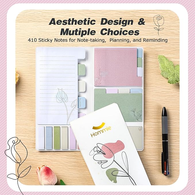 Hommie Sticky Notes Set, Divider Sticky Notes 410 Packs Planner Sticky Note Dividers Tabs with Color Coding for School Supplies, Office Supplies, Book Notes,Bible Sticky Notes