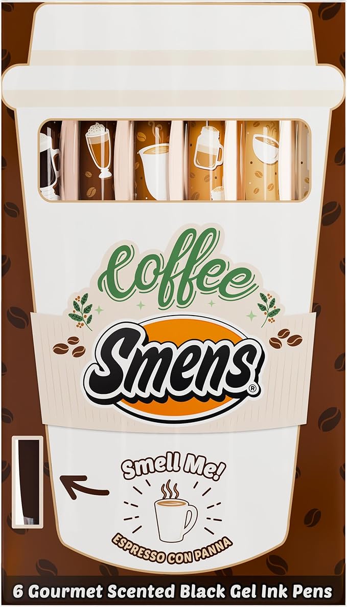 Coffee Smens - Gourmet Coffee-Scented Gel Pens, Black Ink, Medium Point, 6Pack Variety Set