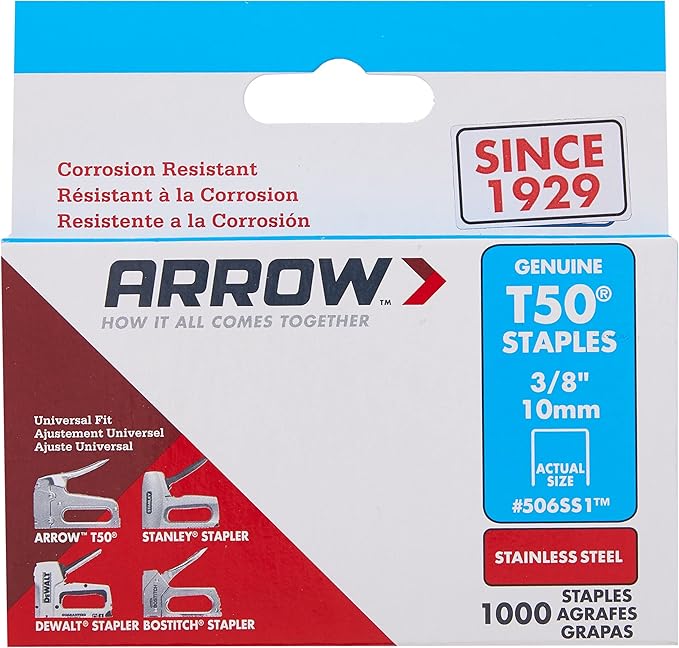 Arrow Fastener 506SS1 Heavy Duty T50 Stainless Steel Staples for Upholstery, Construction, Furniture, Crafts, 3/8-Inch Leg 3/8-Inch Crown Size,Length, 1000 Count (Pack of 1)