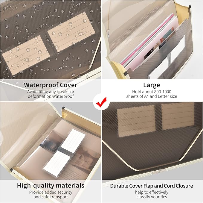 Expanding File Folder Document Organizer r with Flap and Cord Closure, Waterproof Transparent Document Bag, 2.8" Expansion, Letter A4 Expandable File Folder for Home School Office Organization，5 Pack