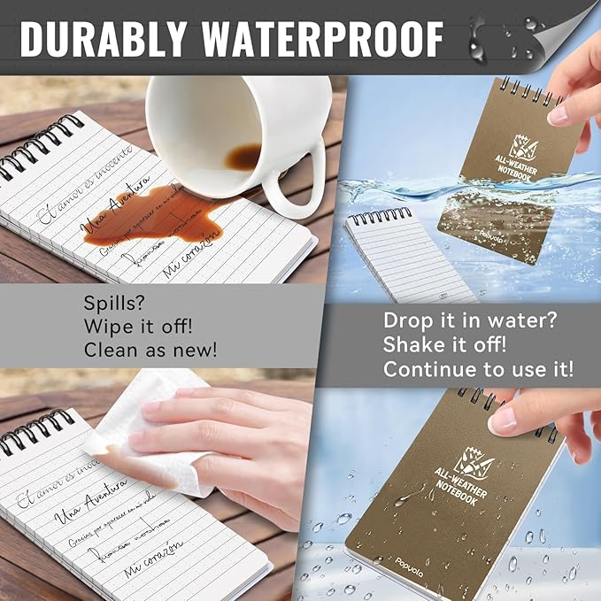 POPYOLA 6 Pack Waterproof Pocket Notebook, 3x5 Pocket Notepad, All Weather Mini Spiral Notepad, Write in the Rain Police Notepad with 100 Squared Pages for Outdoor Home Office School, Tan