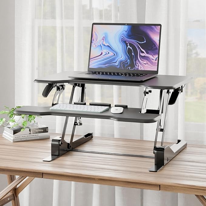 Mount-It! Height Adjustable Standing Desk Converter, Compact 30” Wide Tabletop Standing Desk Riser with Gas Spring, Desktop Stand Up Workstation with Keyboard Tray Fits Monitor or Laptop, Black