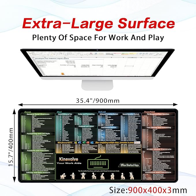 Excel/Word/Outlook/Windows/PowerPoint Shortcut Keys Mouse Pad, Shortcut Mat for Pc Office,Large XXL Gaming Mousepad,Non-Slip Stitched Edge 35.4" x 15.7"