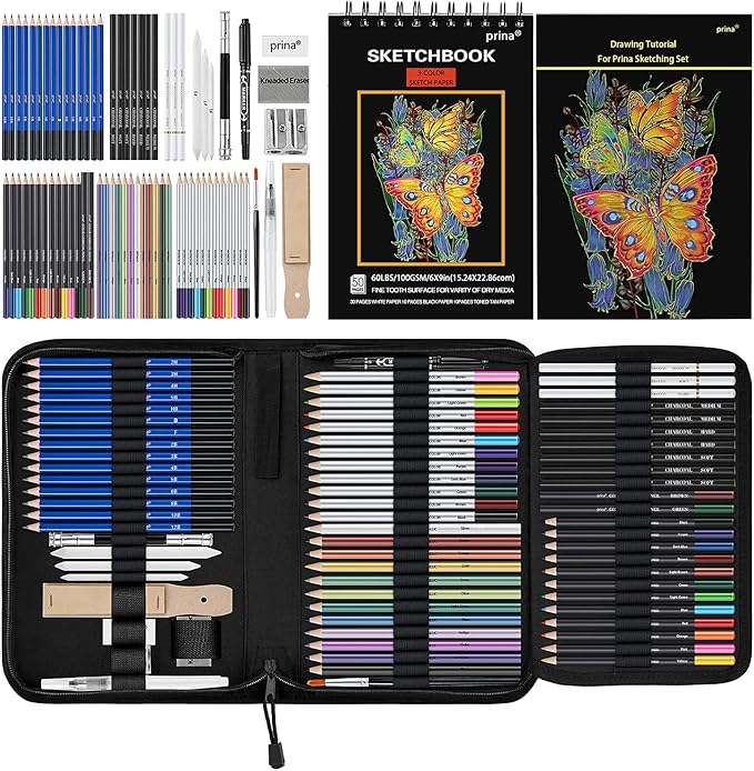 Prina 76 Pack Drawing Set Sketching Kit, Pro Art Supplies with 3-Color Sketchbook, Include Tutorial, Colored, Graphite, Charcoal, Watercolor & Metallic Pencil, for Artists Adults Teens Beginner