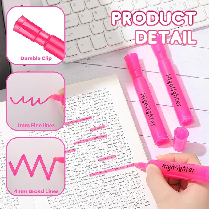 Qilery 30 Pack Highlighters Bulk, Tank Style Chisel Tip Highlighters Markers Quick Drying for Kids and Adult Coloring, Classroom Home Office School Supplies (Pink)