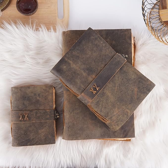 LEATHER VILLAGE Leather Bound Vintage Journal for Women & Men - Book of Shadows - Lock Closure - 200 Pages of Antique Deckle Edges Handmade Paper - Rustic Brown Color - 10 X 7 inches