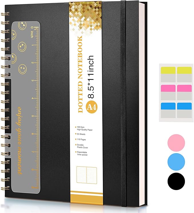 Dotted Notebook, Spiral Notebook Journal 8.5” x 11”, A4 Large Dot Grid Notebooks for Women Men, 100 GSM Dotted Paper, Plastic Hardcover Spiral Bullet Journals for Work School Sketching, Black