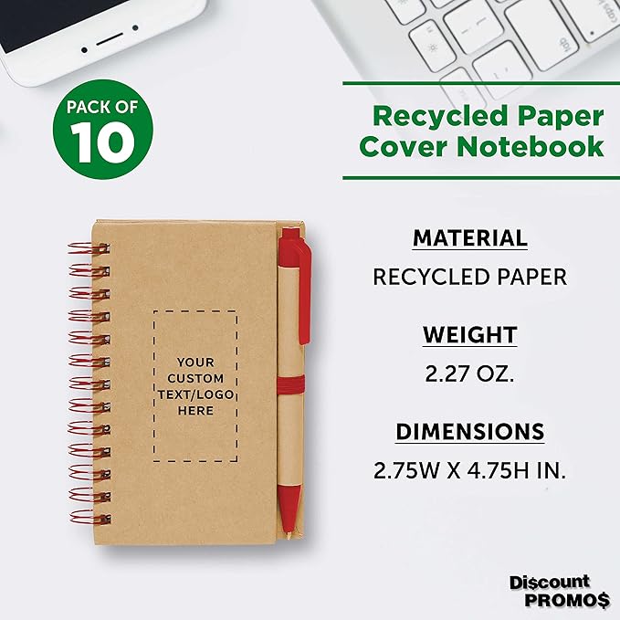 Custom Mini Spiral Notebooks with Black Ink Pens Set of 10, Personalized Bulk Pack - Perfect for School, Office, Business, Home - Red