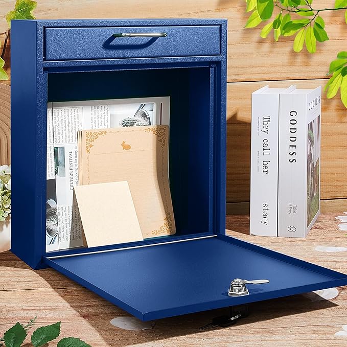 Locking Mailbox with Key for Outdoor 12 x 10.5 x 4.7 Inches Large Wall Mount Mail Box with Lock Security Mail Drop Metal Collection Boxes Hanging Secure Postbox(Dark Blue)