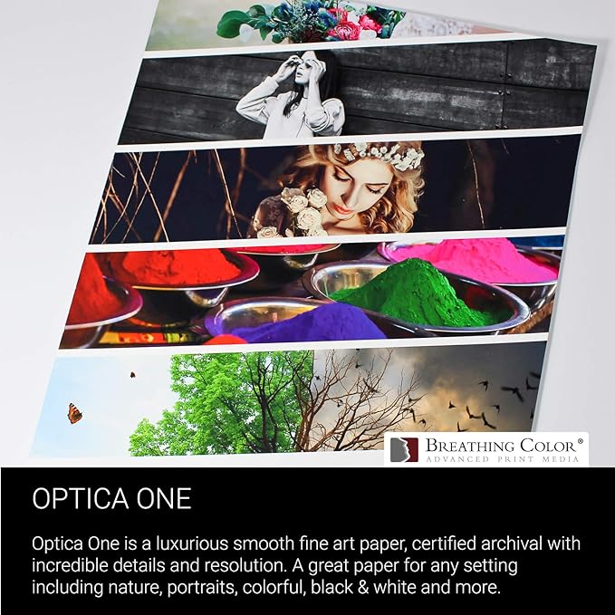 Optica One is a Luxurious 300 gsm Smooth Matte Fine Art Inkjet Paper Featured in a 36"x40' Roll; Its Bright White Color Makes It Ideal for Black and White and Color Prints. 100% Archival Certified