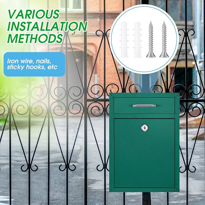 Locking Mailbox with Key for Outdoor 12.2 x 8.5 x 3 Inches Large Wall Mount Mail Box with Lock Security Mail Drop Metal Collection Boxes Hanging Secure Postbox(Green)