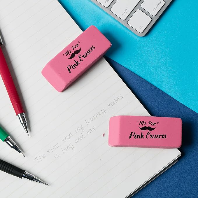 Mr. Pen Pink Pencil Erasers, Large, Pack of 12